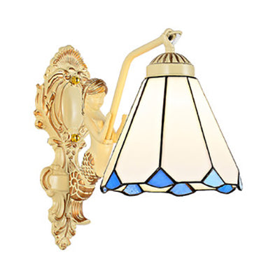 Baroque Dome/Cone Beige Glass Wall Sconce - Elegant Leaf/Gem/Flower Pattern 1-Light Mount Light /