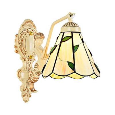 Baroque Dome/Cone Beige Glass Wall Sconce - Elegant Leaf/Gem/Flower Pattern 1-Light Mount Light /