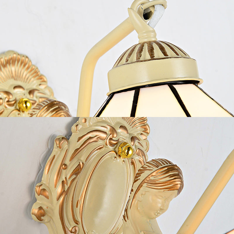 Baroque Dome/Cone Beige Glass Wall Sconce - Elegant Leaf/Gem/Flower Pattern 1-Light Mount Light