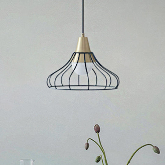 Modern Metal Cone Pendant Lighting - 1 Light Hanging Lamp With Wire-Cage Shade (9/13 Wide) Black /