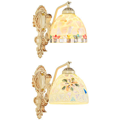 Dome Shell Tiffany Mosaic Wall Light With Floral/Square Detail - Beige Bedroom Lighting