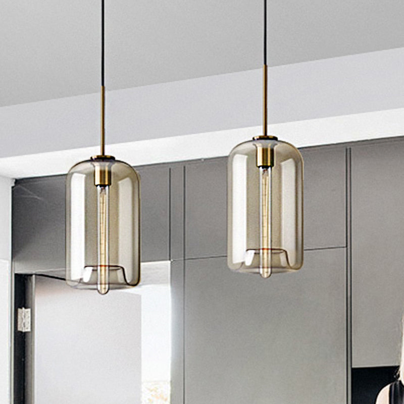 Contemporary Brass Pendant Light With Clear Glass Shade - Oval/Drum/Cylinder 1-Light 7/10/11 Wide