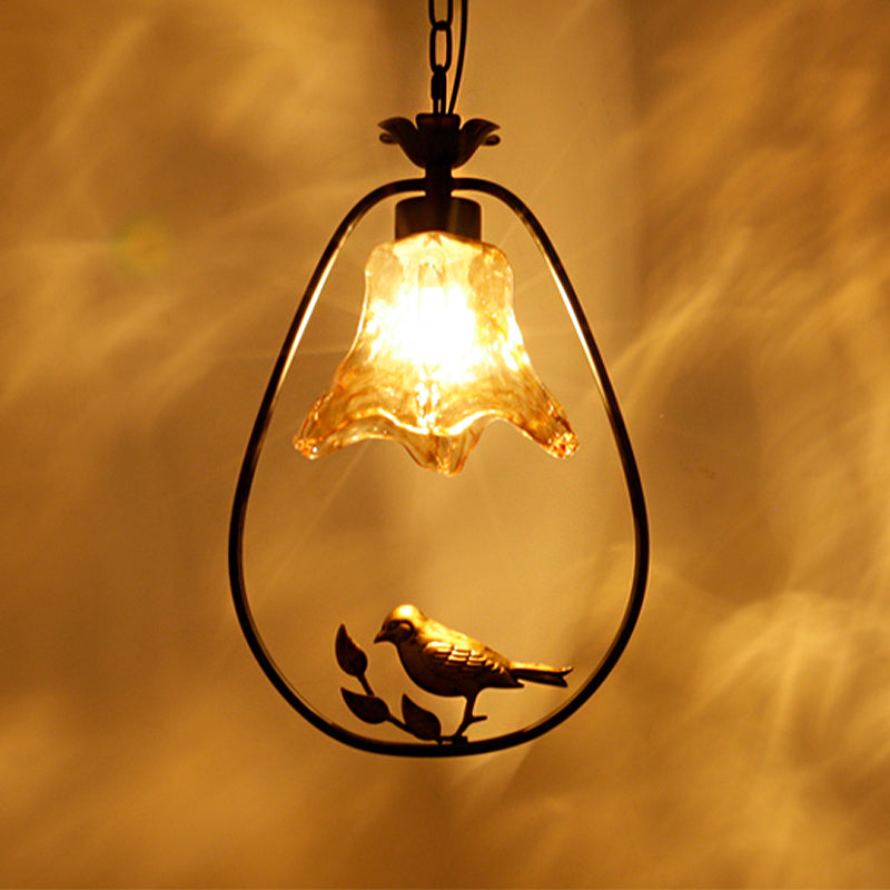 Black Round/Oval Ceiling Light - Classic Metal Pendant With Flower Shade And Bird Accent Ideal For