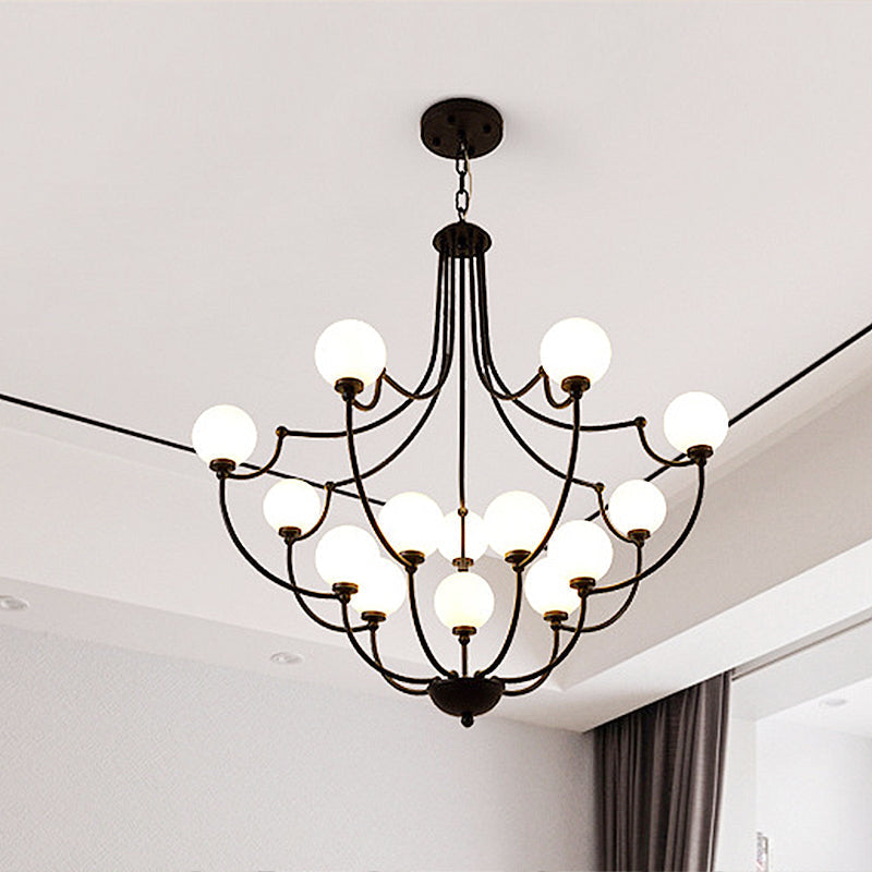 Black 14-Light Chandelier With Frosted Glass Traditional Molecular Pendant Lamp For Living Room