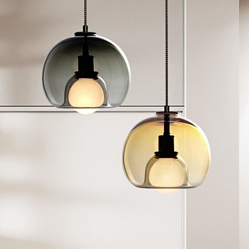 Contemporary Amber/Smoke Glass Dome Suspension Pendant - Black Hanging Lamp For Bedroom