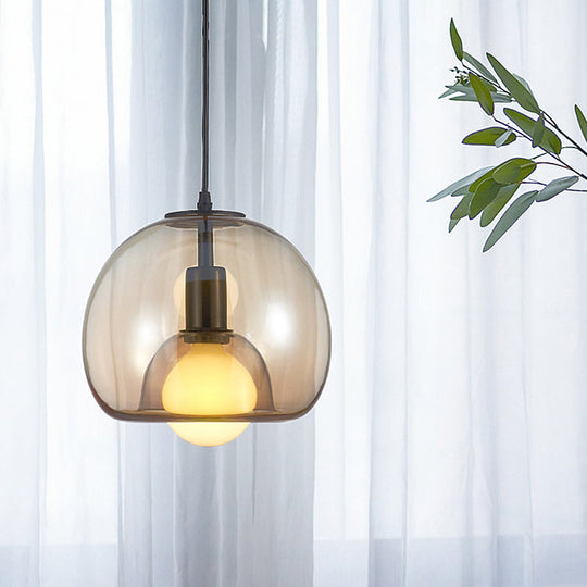 Contemporary Amber/Smoke Glass Dome Suspension Pendant - Black Hanging Lamp For Bedroom Amber