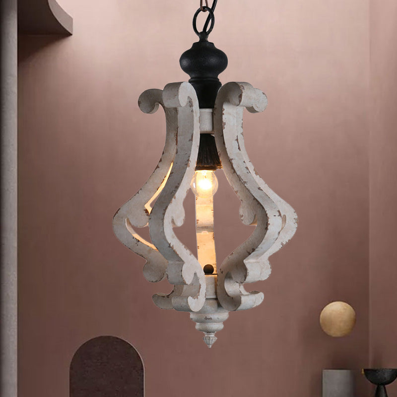 Rustic Wooden Lantern Pendant Ceiling Light - Distressed White Hanging Kit 1-Light Design