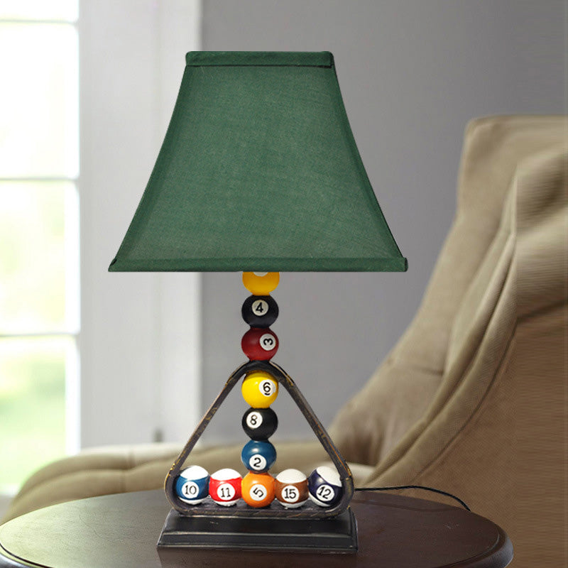 Contemporary Style Green Bell Shade Table Lamp With Billiard Ball Decoration - 1 Light Fabric