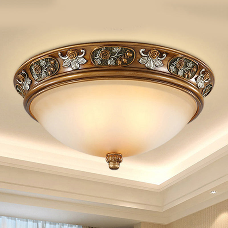 Traditional Brown Frosted Glass Bowl Ceiling Mount With 3 Lights For Bedroom Light