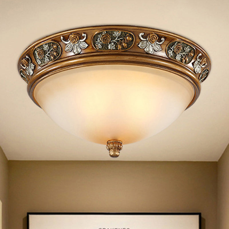 Traditional Frosted Glass Bowl Shaped Flush Light Fixture For Bedroom Brown 3 Lights 15/19 Wide / 19
