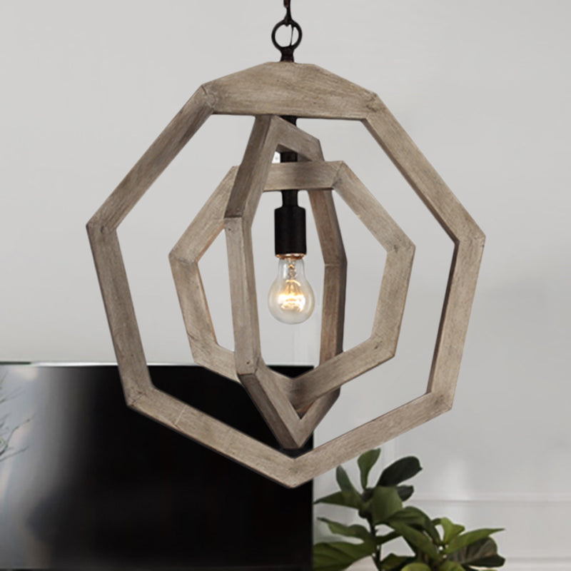 Heptagon Grey/White/Beige Wood Frame Pendant Lamp: Industrial Style Hallway Hanging Kit Grey