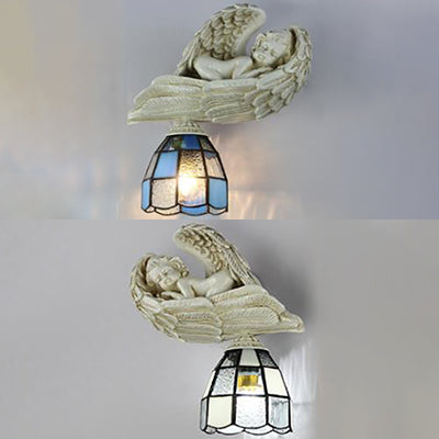 Angel Wall Sconce Light With Stained Glass Dome Shade - White/Blue