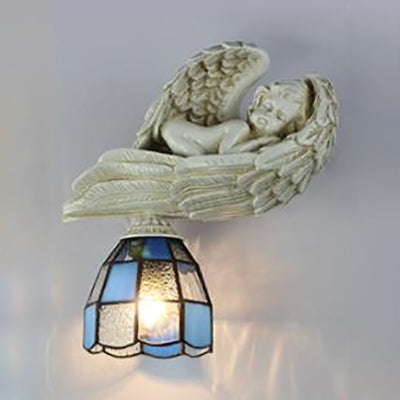 Angel Wall Sconce Light With Stained Glass Dome Shade - White/Blue Blue