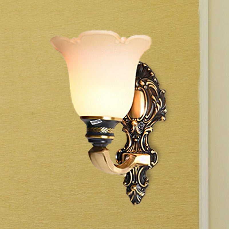 Traditional White Glass Floral Wall Sconce Light - Brass 1/2-Light Bedroom Lamp With Curvy Metal Arm