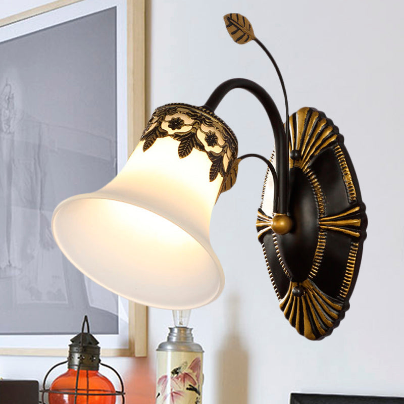 Vintage Frosted Glass Wall Sconce With Curved Arm - Black Bell 1/2-Light Fixture For Foyer 1 /