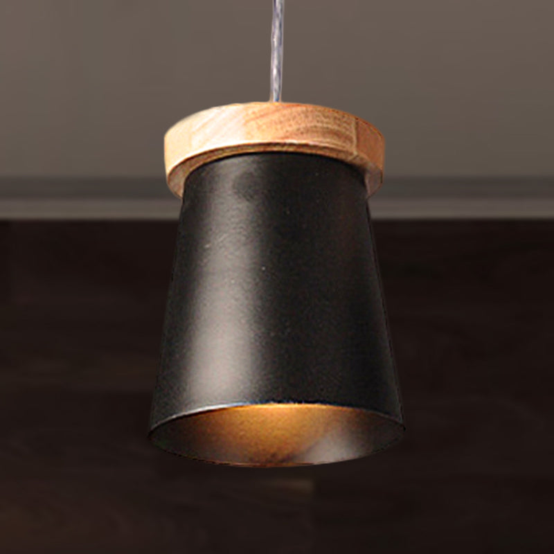 Industrial Loft Metal and Wood Kitchen Pendant Ceiling Light, Black Finish with Bucket Suspension - 1 Light