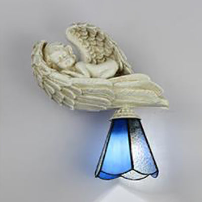 White/Blue Country Loft Angel Sconce With Conical Shade - Resin Bedroom Wall Lighting (1 Light) Blue