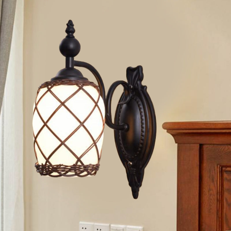 Traditional Cylinder Glass Wall Light Fixture With Bamboo-Woven Shade - Black