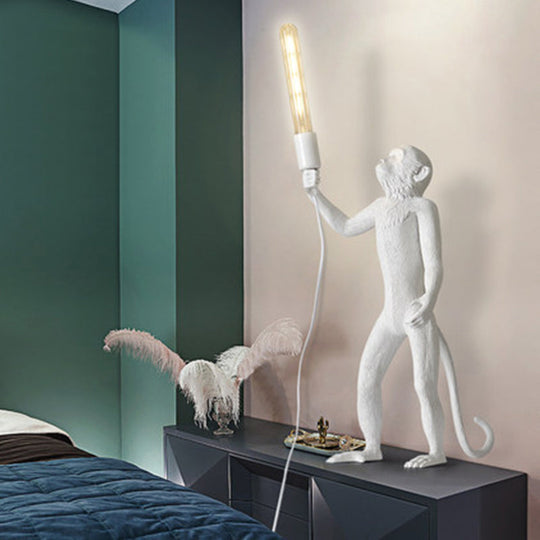 Art Deco 1-Head White Monkey Table Lamp - Stylish Resin Nightstand Light With Unique Shadeless