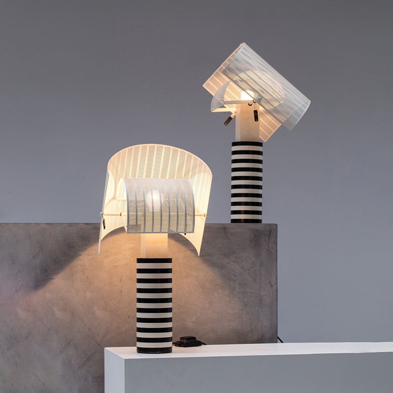 Designer Metal Nightstand Lamp With Swivel Mesh Shade - Striped Column 1 Head Black And White