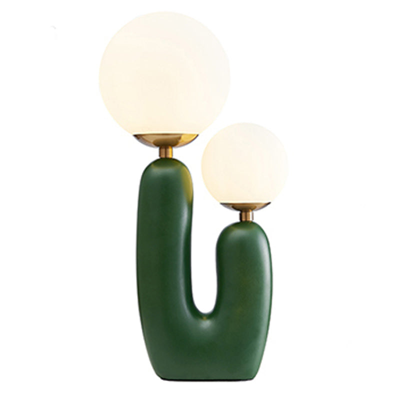 Cactus Bedside Table Light - Nordic Style Night Lamp With Cream Glass Shade Green