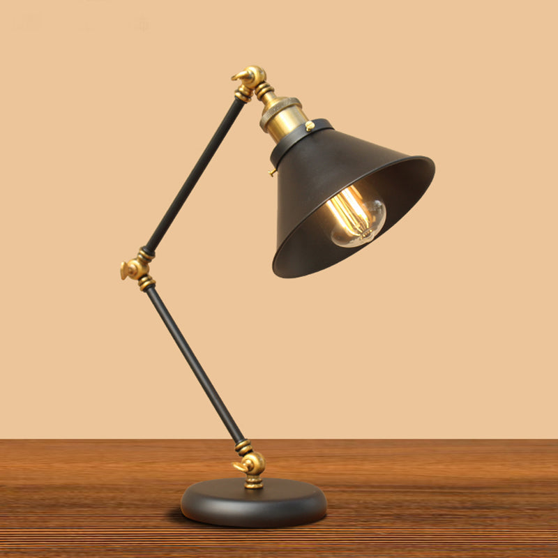 Industrial Metal Swing Arm Table Lamp With Shade Black Finish 3-Joint Task Light For Bedroom / Wide