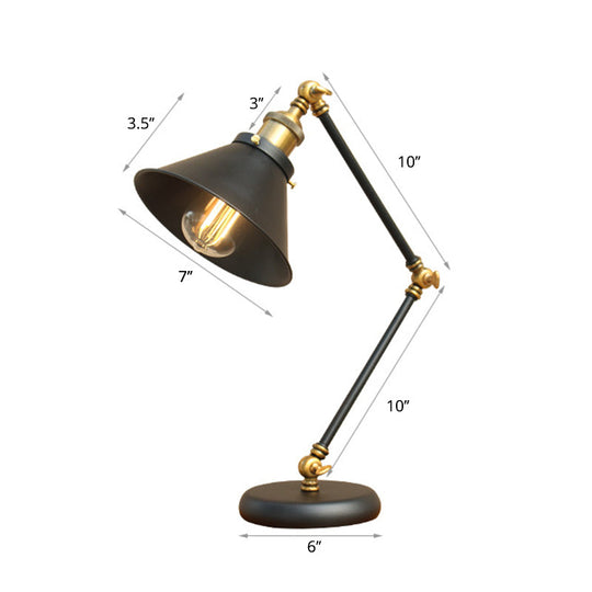 Industrial Metal Swing Arm Table Lamp With Shade Black Finish 3-Joint Task Light For Bedroom