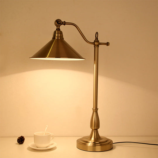 Antique-Style Bronze Conical Table Lamp With Rotary Joint: Metal Bedside Night Light
