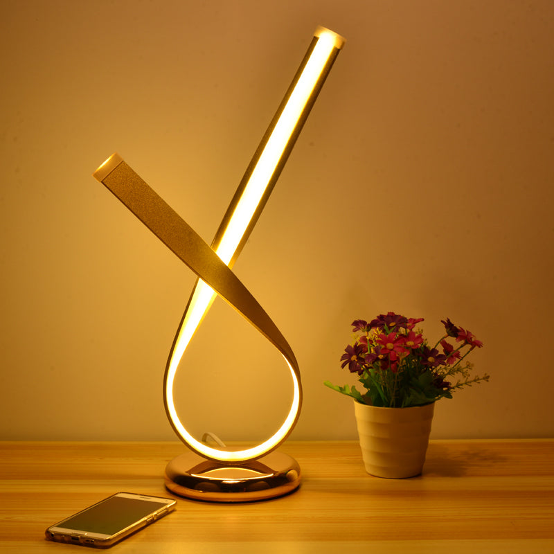 Minimalistic Metal Ribbon-Shape Table Light With Acrylic Diffuser For Bedroom Night Lamp Gold