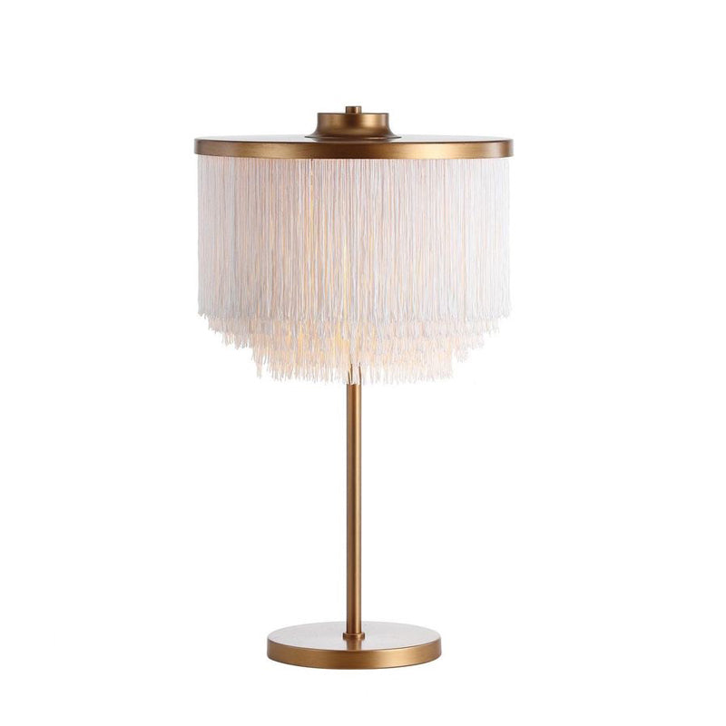 Minimalistic Brass Round Led Nightstand Lamp With Tassel Fringe White