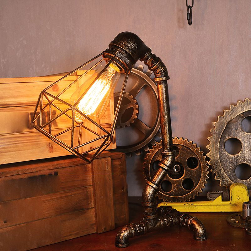 Steampunk Style Water Pipe Table Lamp Metal Antiqued Bronze Nightstand Light / Down