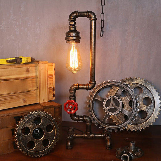 Steampunk Style Water Pipe Table Lamp Metal Antiqued Bronze Nightstand Light / Gooseneck