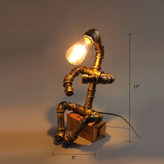 Industrial Pipe Style Night Light Table Lamp Wrought Iron Accent In Bronze