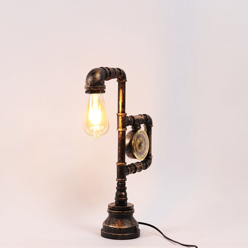 Industrial Metal Nightstand Lamp - Pipe And Clock Bedroom Table Light With 1 Bronze Head