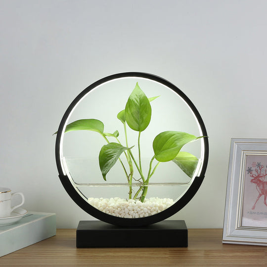 Nordic Circle Table Lamp With Hydroponics Plant Pot Design And Led Night Light Black / White