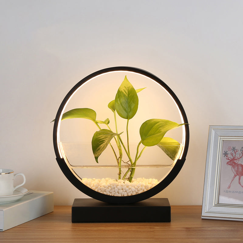 Nordic Circle Table Lamp With Hydroponics Plant Pot Design And Led Night Light Black / Warm
