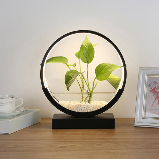 Nordic Circle Table Lamp With Hydroponics Plant Pot Design And Led Night Light Black / Remote