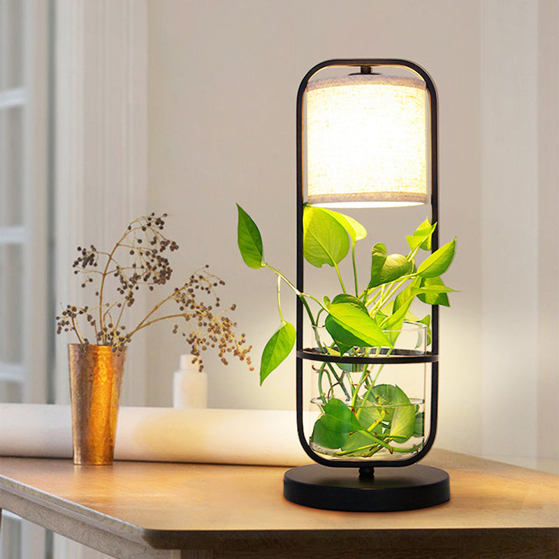 Art Deco 1-Bulb Black Fabric Table Light Cylindrical Night Lamp With Clear Glass Jar