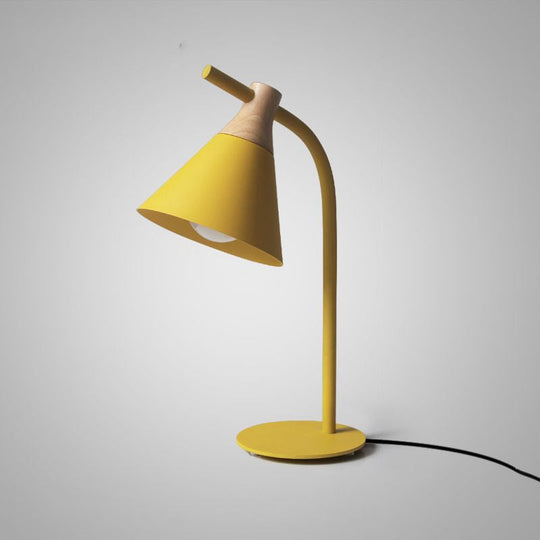 Metal Conical Table Lamp - Macaron Single-Bulb Nightstand Light With Bend Arm For Bedroom Yellow