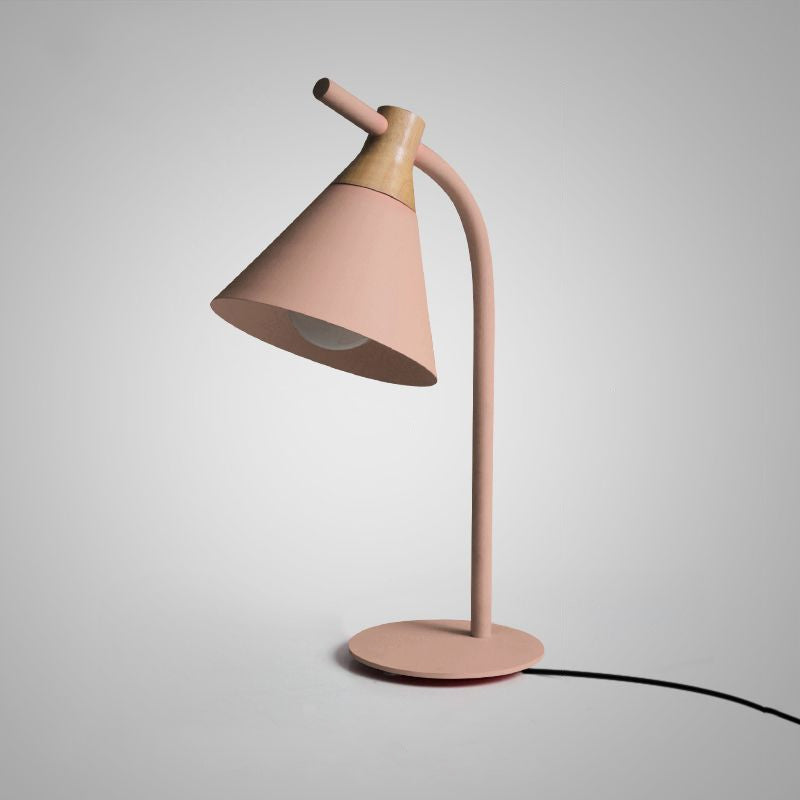 Metal Conical Table Lamp - Macaron Single-Bulb Nightstand Light With Bend Arm For Bedroom Pink