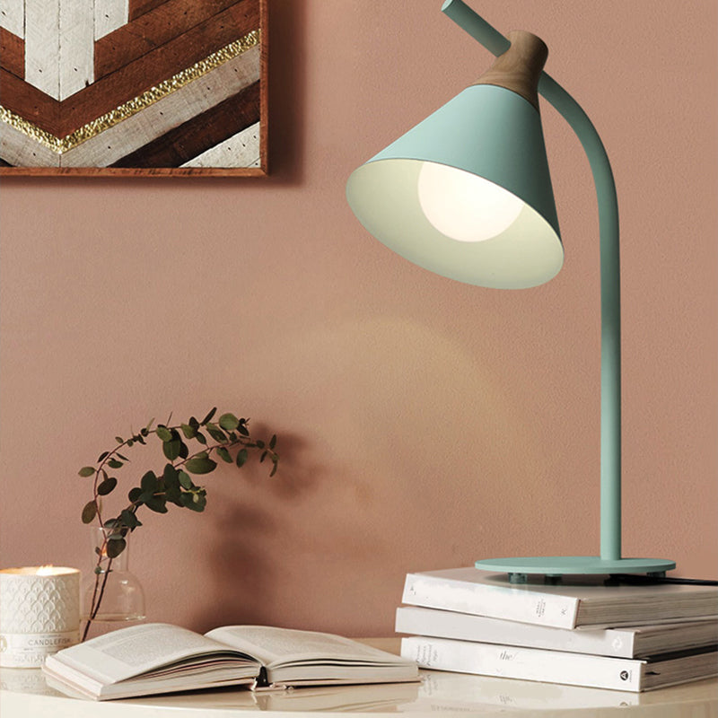 Metal Conical Table Lamp - Macaron Single-Bulb Nightstand Light With Bend Arm For Bedroom