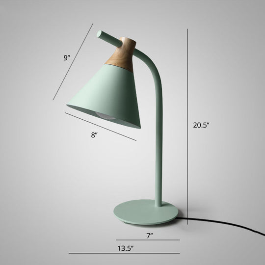 Metal Conical Table Lamp - Macaron Single-Bulb Nightstand Light With Bend Arm For Bedroom