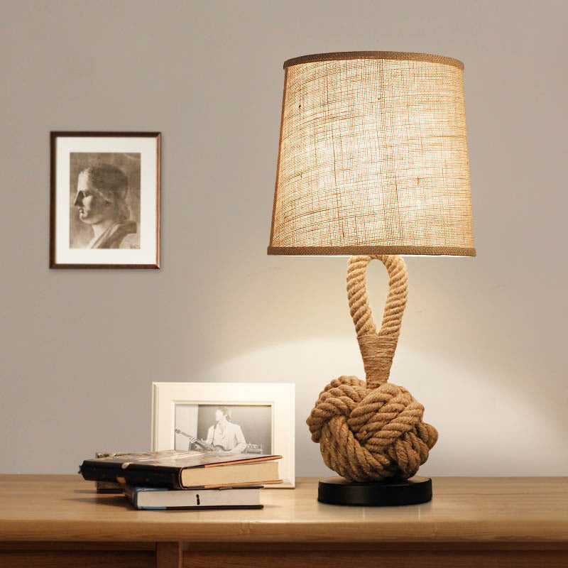 Rustic Flaxen Fabric Night Lamp With Twisted Rope Base - 1-Bulb Bucket Shade Table Light