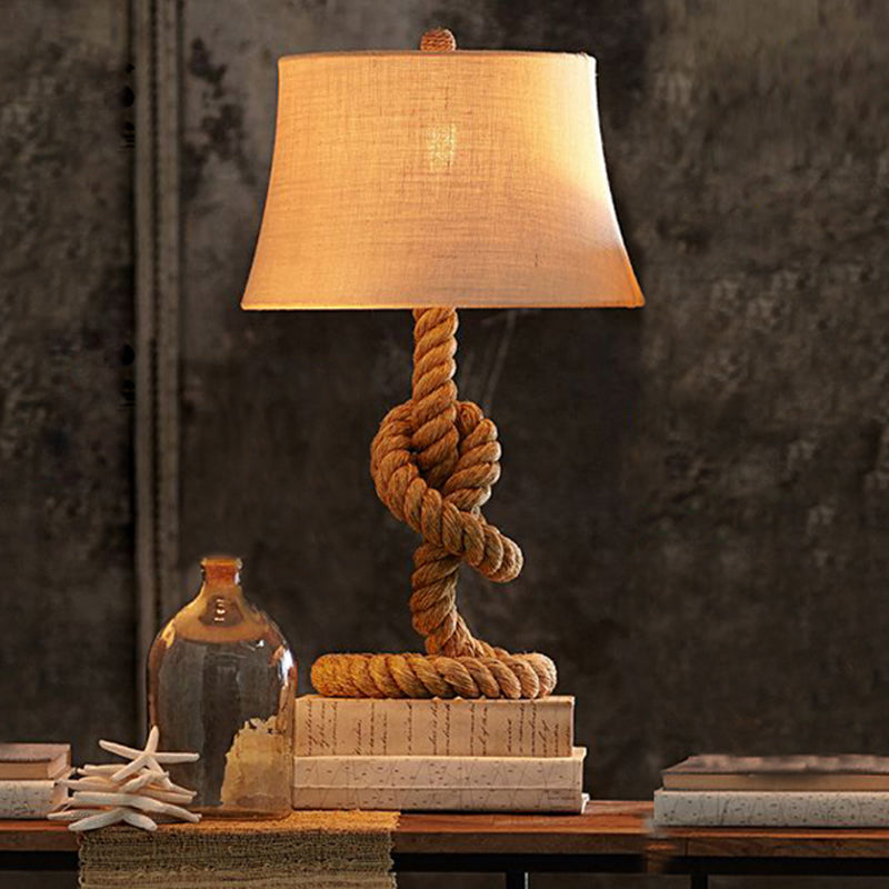 Country Style Fabric Empire Shade Table Lamp: 1-Light Night Light With Rope Pedestal In Flaxen /
