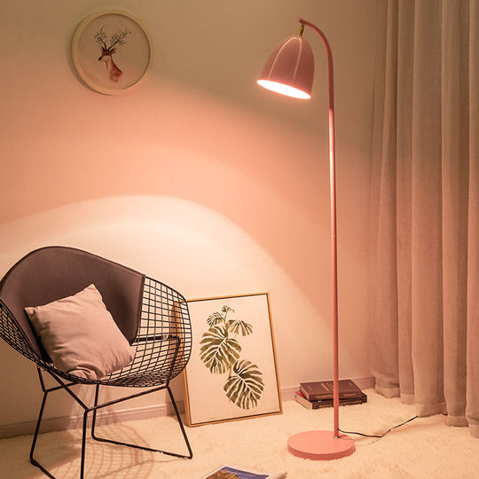Modern Macaron Rotating Floor Reading Lamp With Metal Bell Shade For Living Room Pink