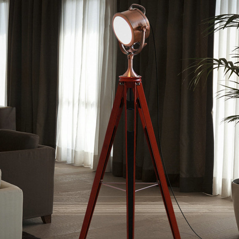 Metal Round Spotlight Floor Lamp With Wooden Tripod - Industrial Style 1 Head For Living Room Bronze