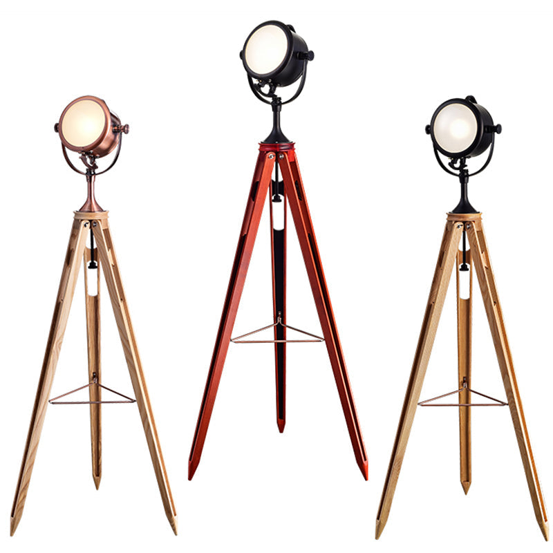 Metal Round Spotlight Floor Lamp With Wooden Tripod - Industrial Style 1 Head For Living Room