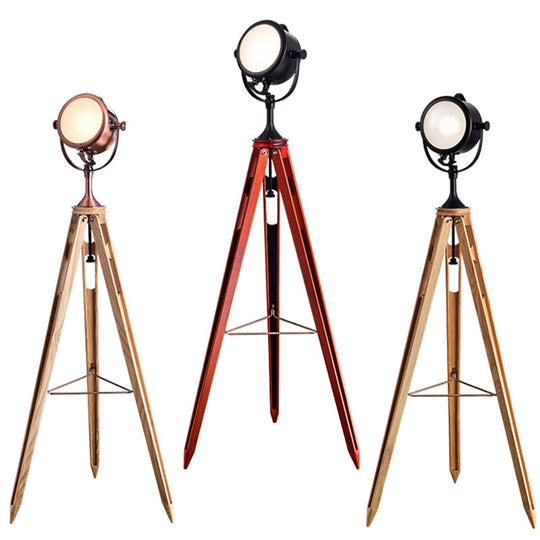 Metal Round Spotlight Floor Lamp With Wooden Tripod - Industrial Style 1 Head For Living Room