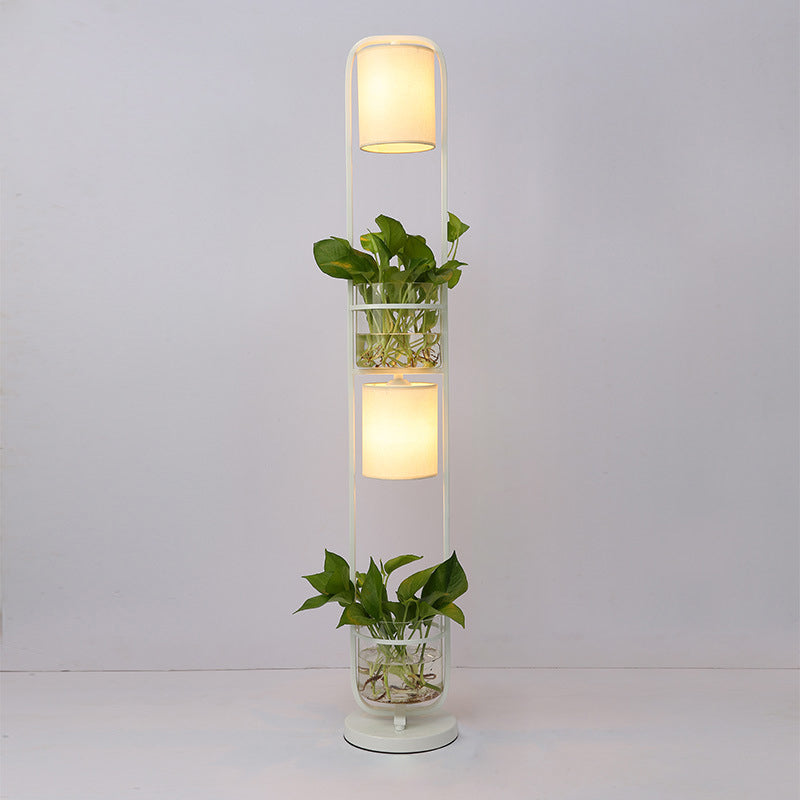 Modern 2-Headed Cylindrical Fabric Floor Lamp With Glass Plant Jar White