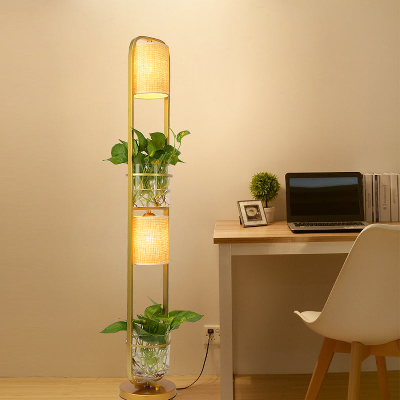 Modern 2-Headed Cylindrical Fabric Floor Lamp With Glass Plant Jar
